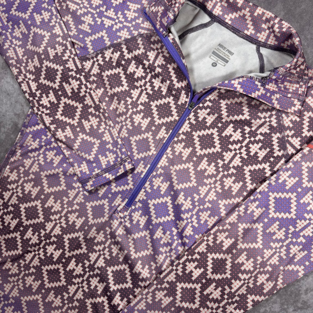 Nike Pro Women Half Zip Training Top Purple Pink Geometric Pixel Long Sleeve M